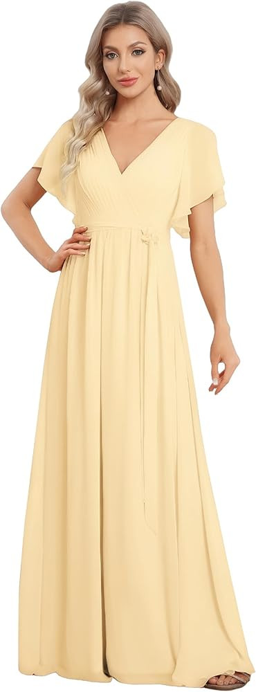 Ever-Pretty Women's Chiffon V-Neck Bridesmaid Dresses Ruffle Sleeves Ruched Bust Long Formal Wedd... | Amazon (US)