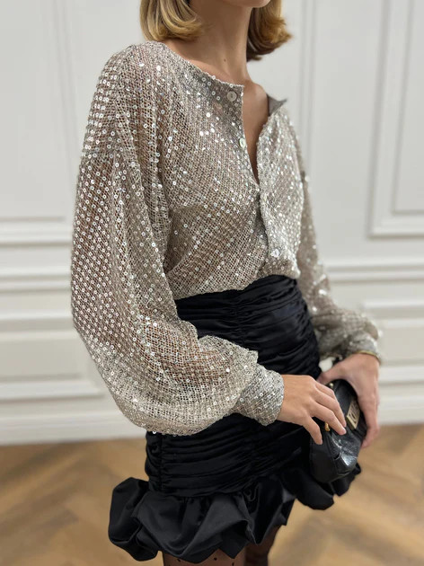 Anya Sequin Open Knit Blouse | Champagne | Vita Grace