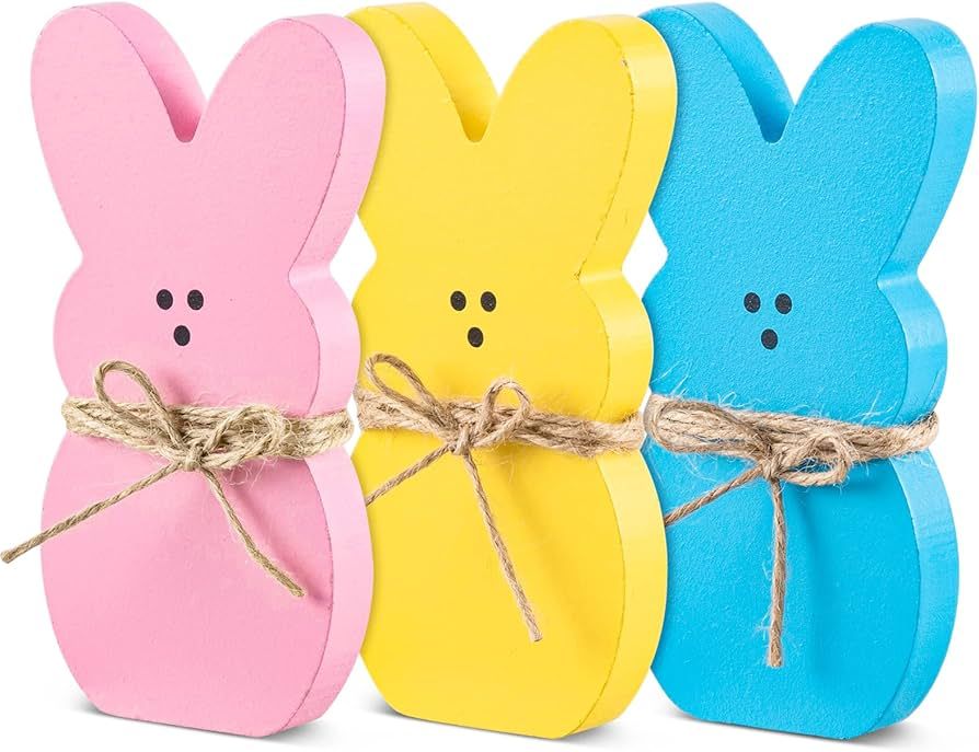 Whaline 3Pcs Easter Bunny Wood Sign Pink Blue Yellow Easter Rabbit Table Centerpiece with 32.8ft ... | Amazon (US)