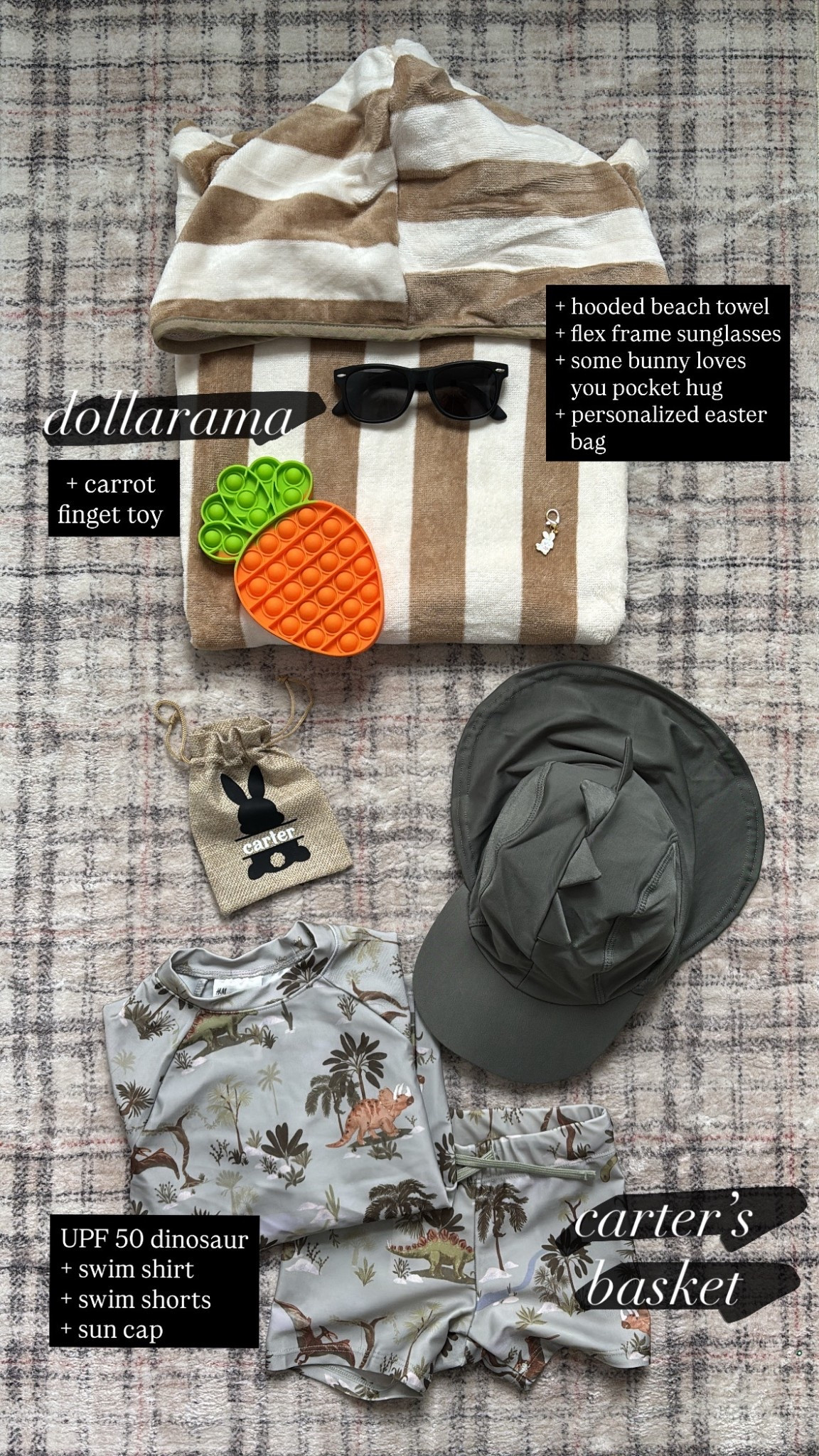 E A S T E R / toddler boy easter basket stuffers

+ carrot figit toy (dollarama)
+ brown striped hooded beach towel
+ flex frame sunglasses
+ some bunny love you pocket hug
+ personalized easter bag
+ UPF 50 dinosaur swim shirt, shorts, & sun cap

#LTKfamily #LTKcanada #LTKkids