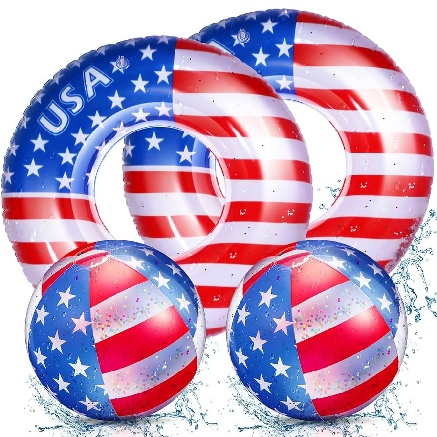 Outus 4 Pcs 4th of July Pool Float and Patriotic Beach Ball Inflatable 36 Inch USA Flag Swim Ring... | Amazon (US)