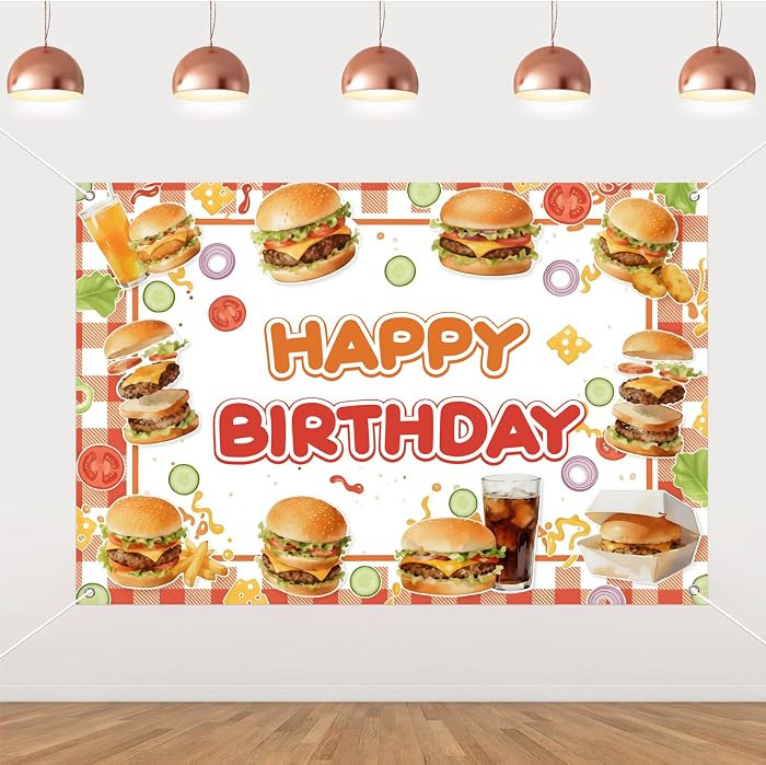 Hamburger Birthday Party Backdrop 5x3.3ft (150100cm) Vinyl Fast Food Theme Banner for Boys and Gi... | Amazon (US)