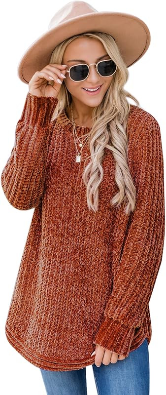 Chigant Womens Chenille Sweaters Long Sleeve Pullover Jumper Round Neck Jumper Tops S-XXL | Amazon (US)