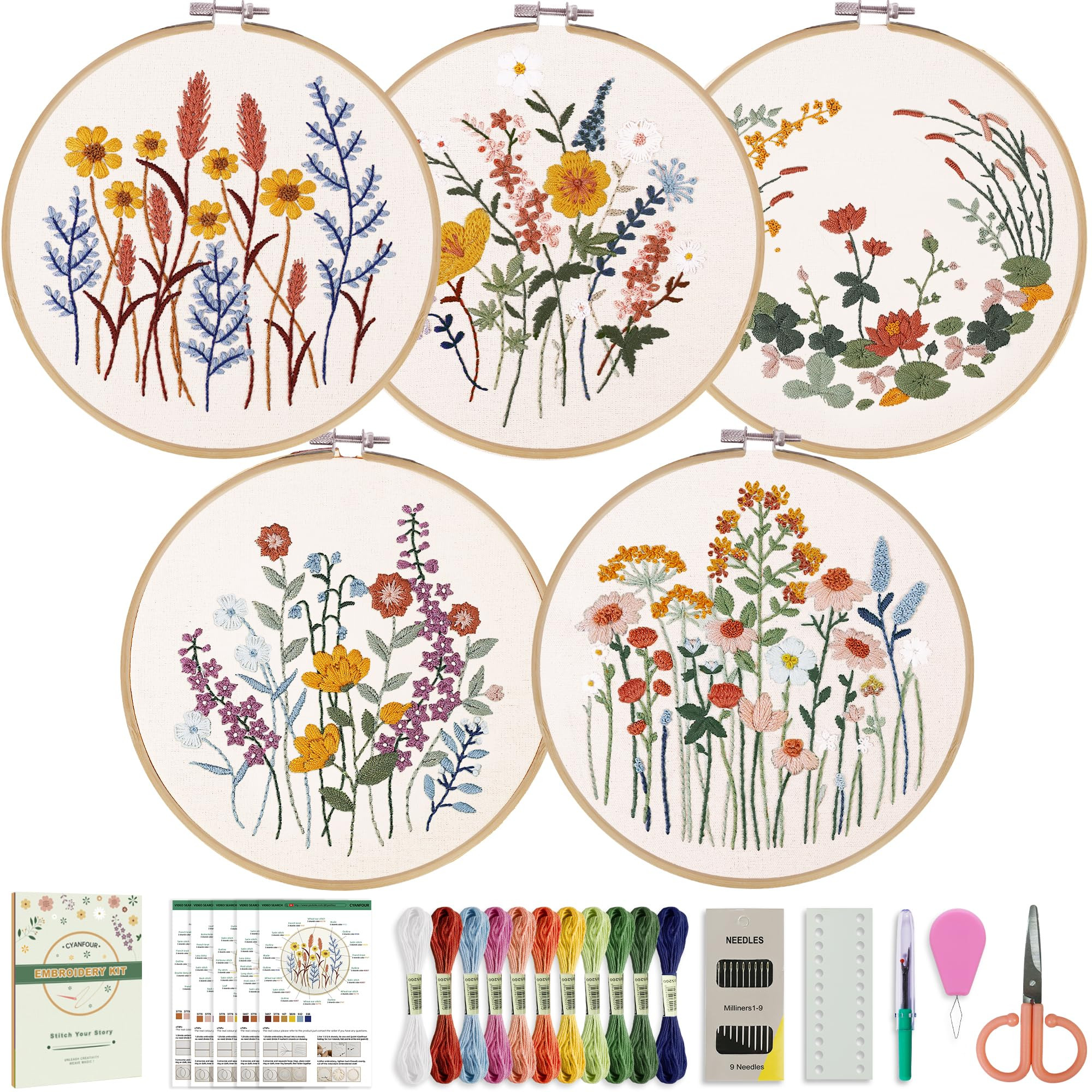 CYANFOUR 5 Pack Beginner Embroidery Kit for Adults, Easy to Learn Floral Embroidery Patterns from... | Amazon (US)