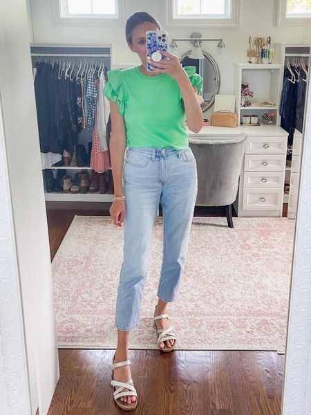 Casual spring outfit with jeans and a bright green top 
Madewell jeans 

#LTKstyletip #LTKSeasonal #LTKunder50