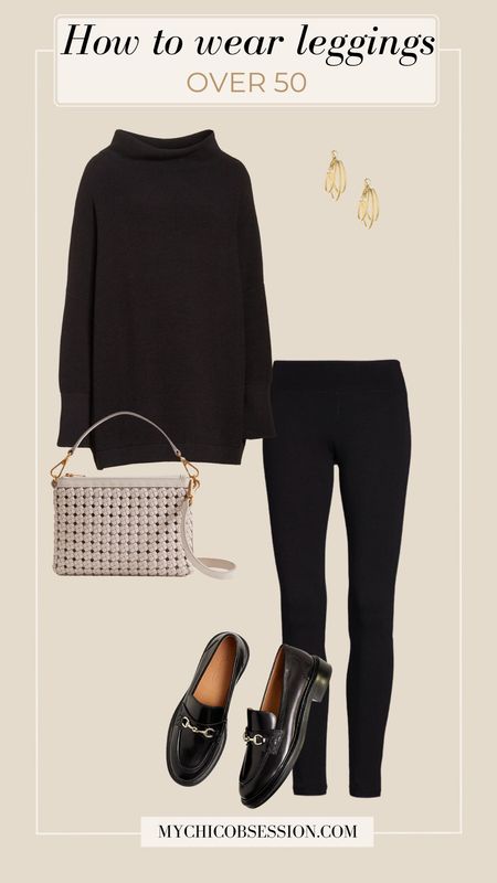 Start off your look with these ultra-wide waistband leggings known for their high-quality fabric that works to smooth and support. Next, this slouchy long tunic top is perfect for keeping you warm while earning you a few extra style points at the same time. Loafers elevate this simple look, along with a woven bag and gold jewelry.

#LTKover40 #LTKstyletip