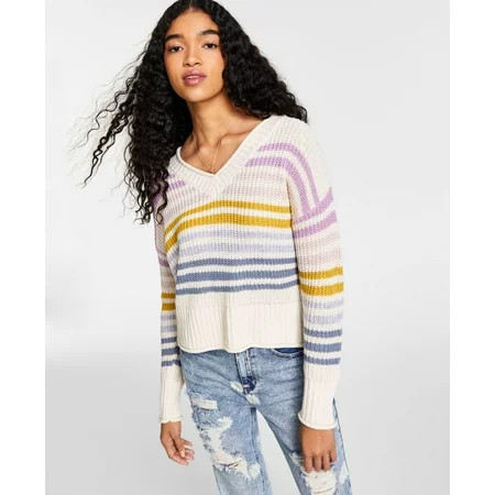 Hippie Rose Juniors Striped V-Neck Sweater White Multi Combo X-Large | Walmart (US)