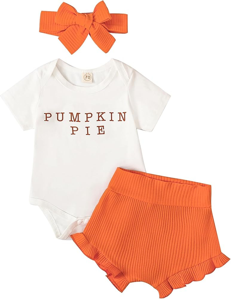 Tinypainter Baby Girl Halloween Outfit Pumpkin Romper+Ruffle Shorts Set+Headband Newborn Fall Clo... | Amazon (US)