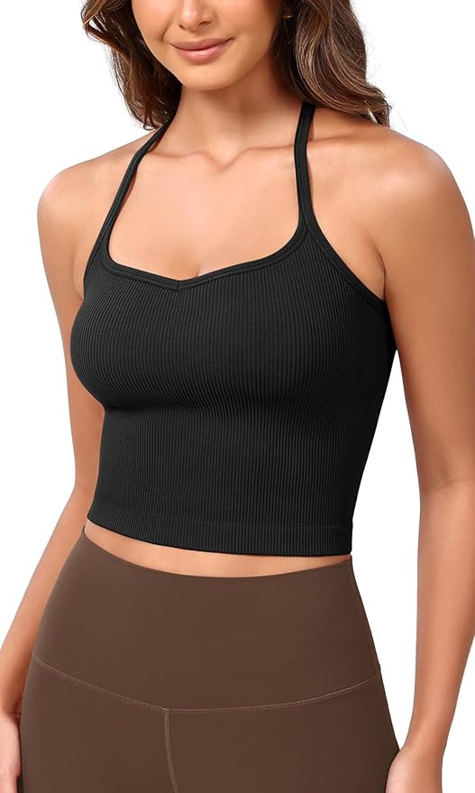 ODODOS Seamless Sweetheart Neck Crop Tank for Women Ribbed Strappy Racerback Cropped Cami Tops | Amazon (US)