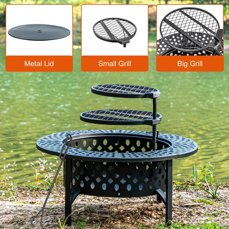 Hayler Wood Burning Outdoor Fire Pit Table with Lid | Wayfair North America