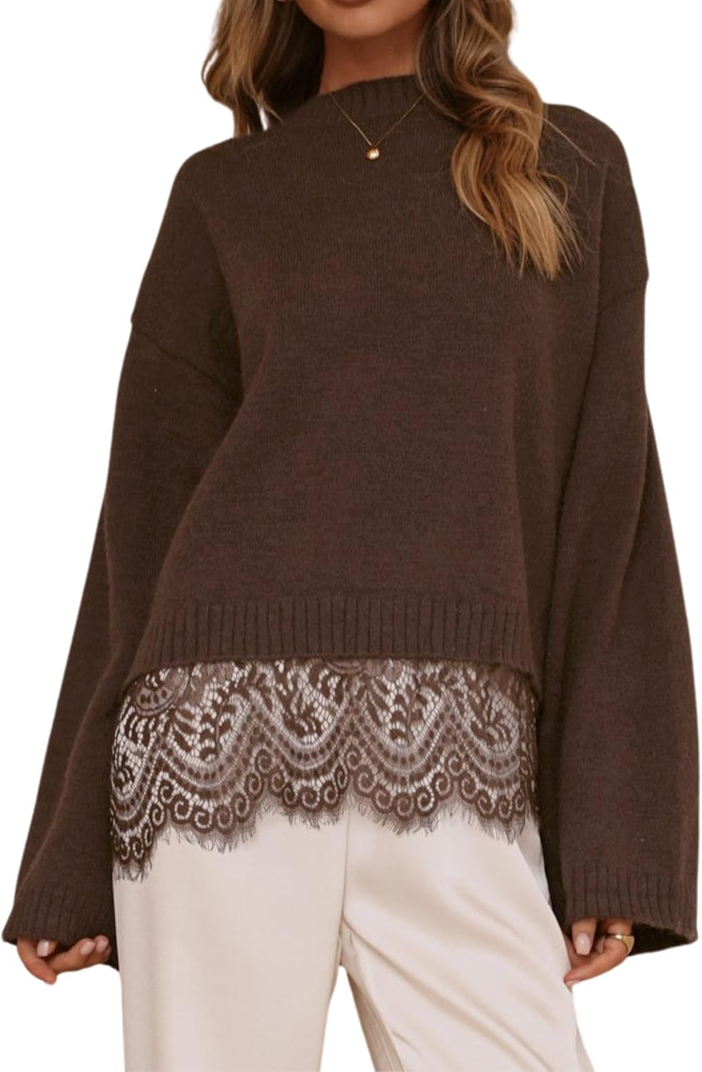 Womens Lace Trim Sweater Long Sleeve Oversized Knit Pullover Top | Amazon (US)