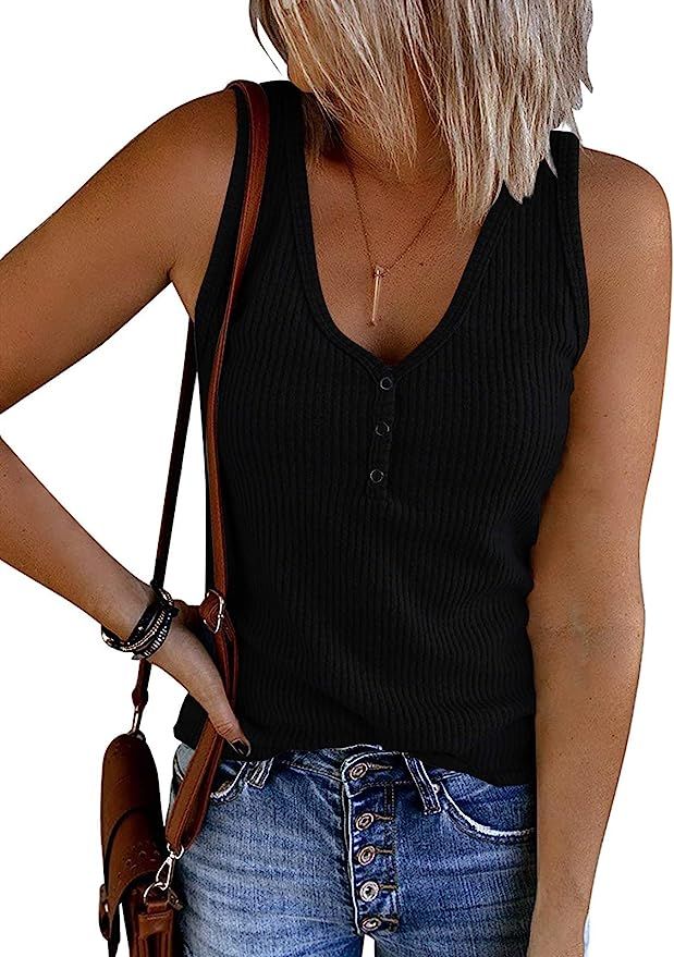 PIIRESO Womens Summer V Neck Sleeveless Tank Top Ribbed Button Slim Basic Henley Shirts | Amazon (US)