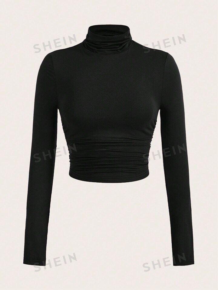 SHEIN EZwear Black Mock Neck Ruched Tee | SHEIN