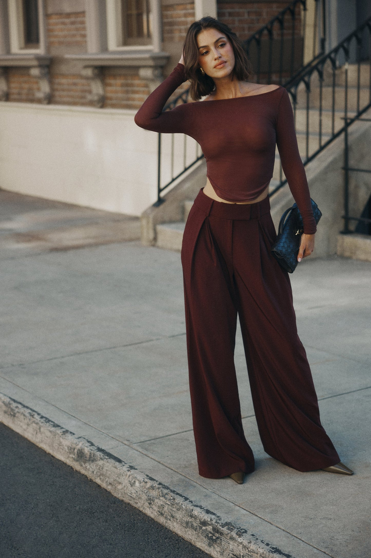 Jacqueline Pleated Wide Leg Pants - Mahogany | MESHKI US