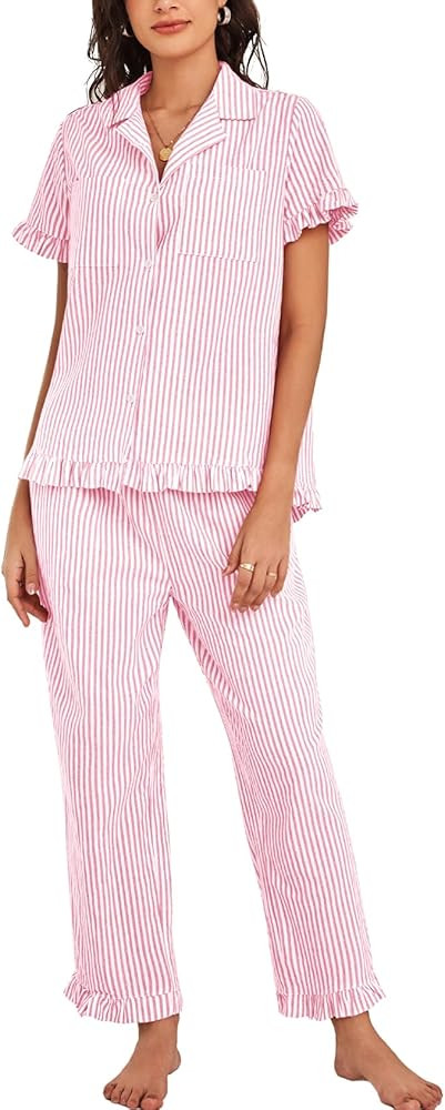 COZYPOIN Women's Cotton Pajama Sets Striped Short Sleeve Top Long Pants 2 Piece Pjs Sets Cute Ruf... | Amazon (US)