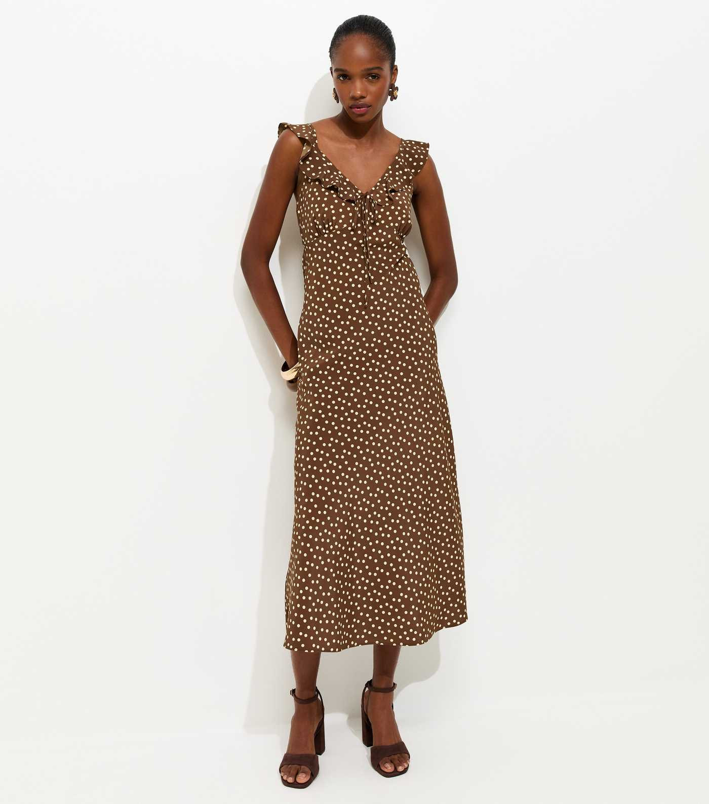 Brown Ruffle Strap Polka Dot Midi Dress | New Look | New Look (UK)