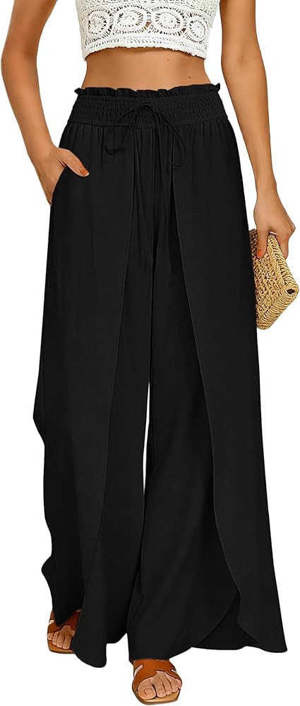 GRACE KARIN Womens Wide Leg Summer Pants Flowy Side Split Palazzo Beach Pants Boho Drawstring Hig... | Amazon (US)