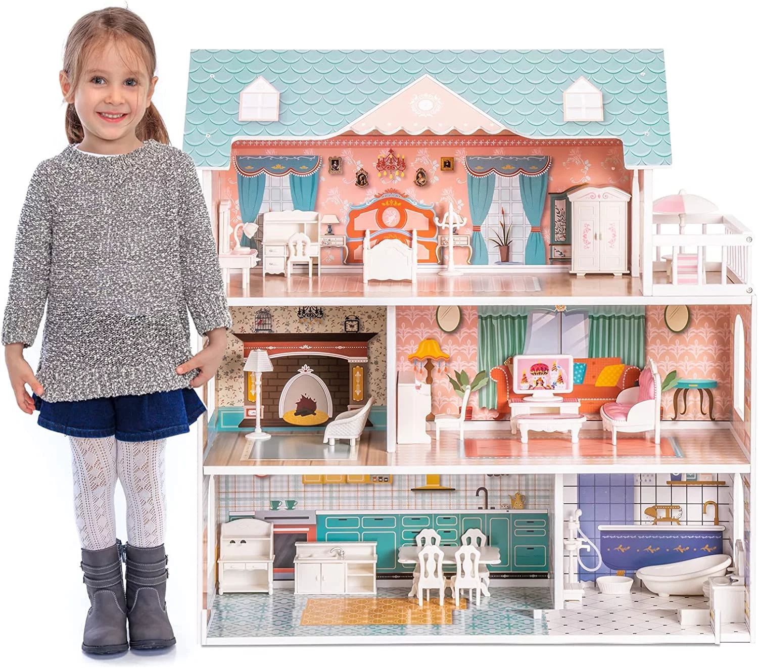 ROBUD Wooden Dollhouse for Kids Girls, Toy Gift for 3 4 5 6 Years Old, with Furniture | Walmart (US)