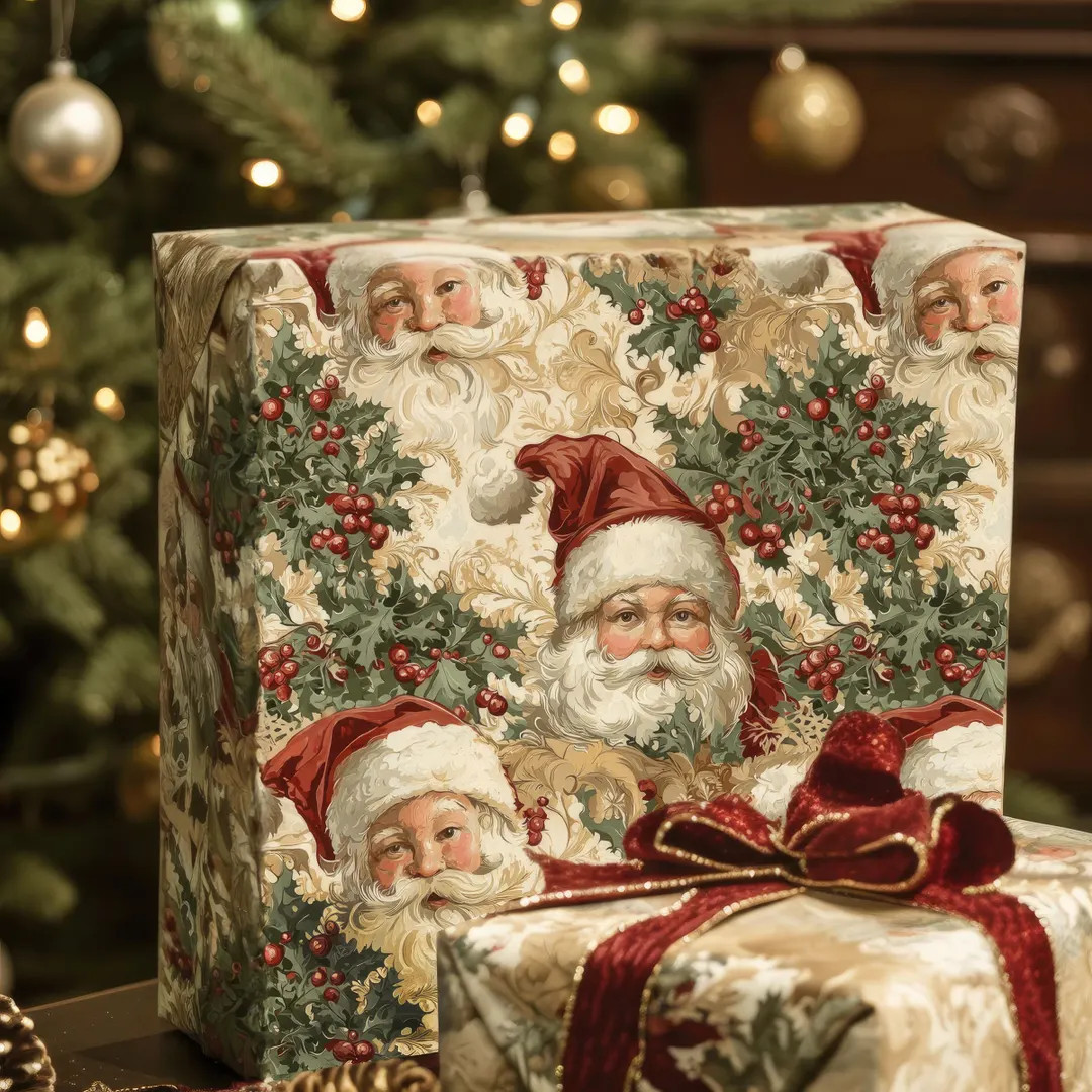 Nostaligic Vintage Santa Gift Wrap, Christmas Gift Wrap, Holiday Wrapping Paper, Hostess Gift, Fe... | Etsy (US)