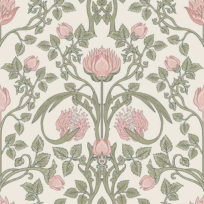 VEELIKE Vintage Art Nouveau Pink Floral Wallpaper Peel and Stick William Morris Wallpaper 17.7''x... | Amazon (US)