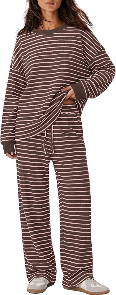 Yanekop Womens Waffle Knit Lounge Set Two Piece Outfits Striped Set | Amazon (US)
