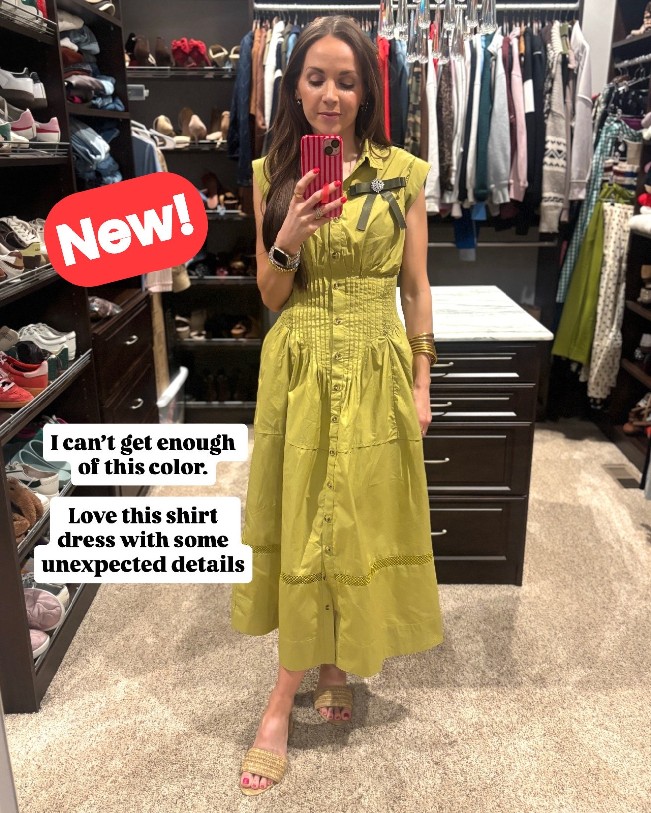 This gorgeous chartreuse green dress is new at Anthropologie! Get your true size. I’m in an XS. Things in this color aren’t lasting long!