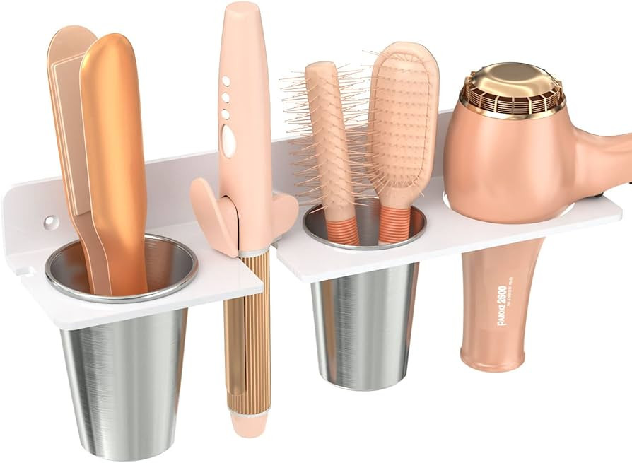 HIIMIEI Hair Tool Organizer Wall Mount, White Acrylic Hot Tool Holder with 2Cups, Bathroom Hair S... | Amazon (US)