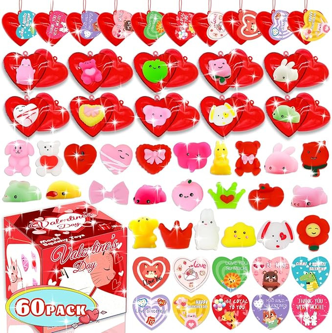 60 Pack Valentines Day Gifts for Kids, Valentine Mochi Squishy Toys Filled Hearts with Valentine ... | Amazon (US)