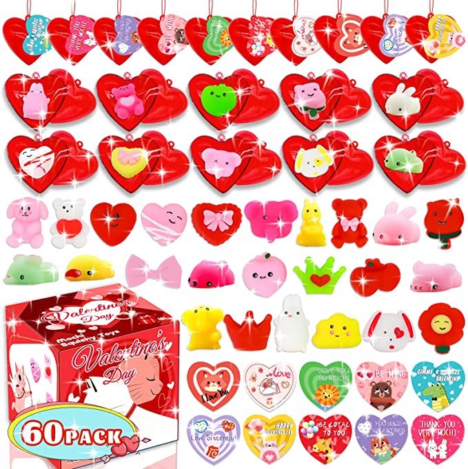 60 Pack Valentines Day Gifts for Kids, Valentine Mochi Squishy Toys Filled Hearts with Valentine ... | Amazon (US)