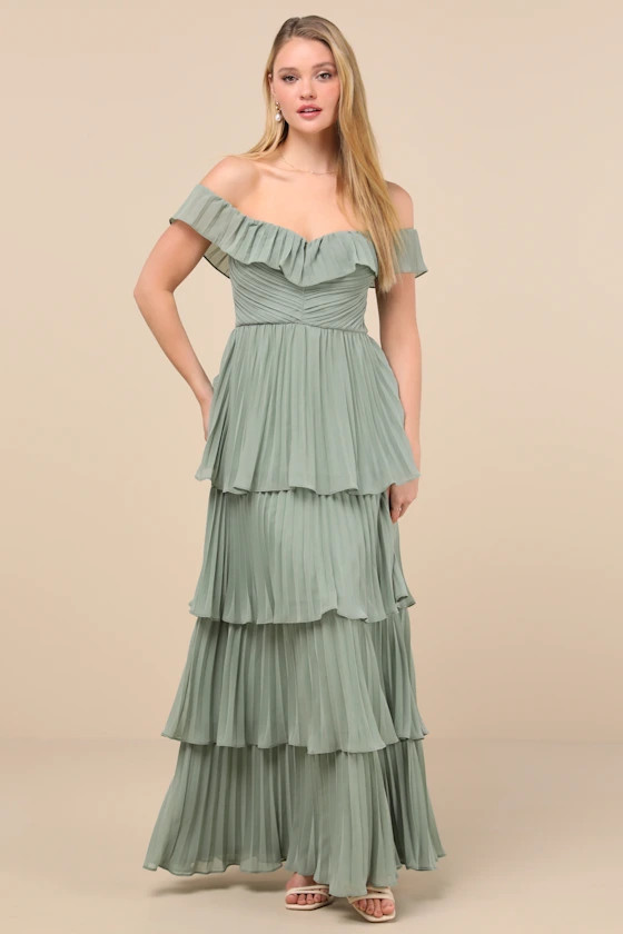 Always Remarkable Sage Brush Pleated Off-the-Shoulder Maxi Dress | Lulus
