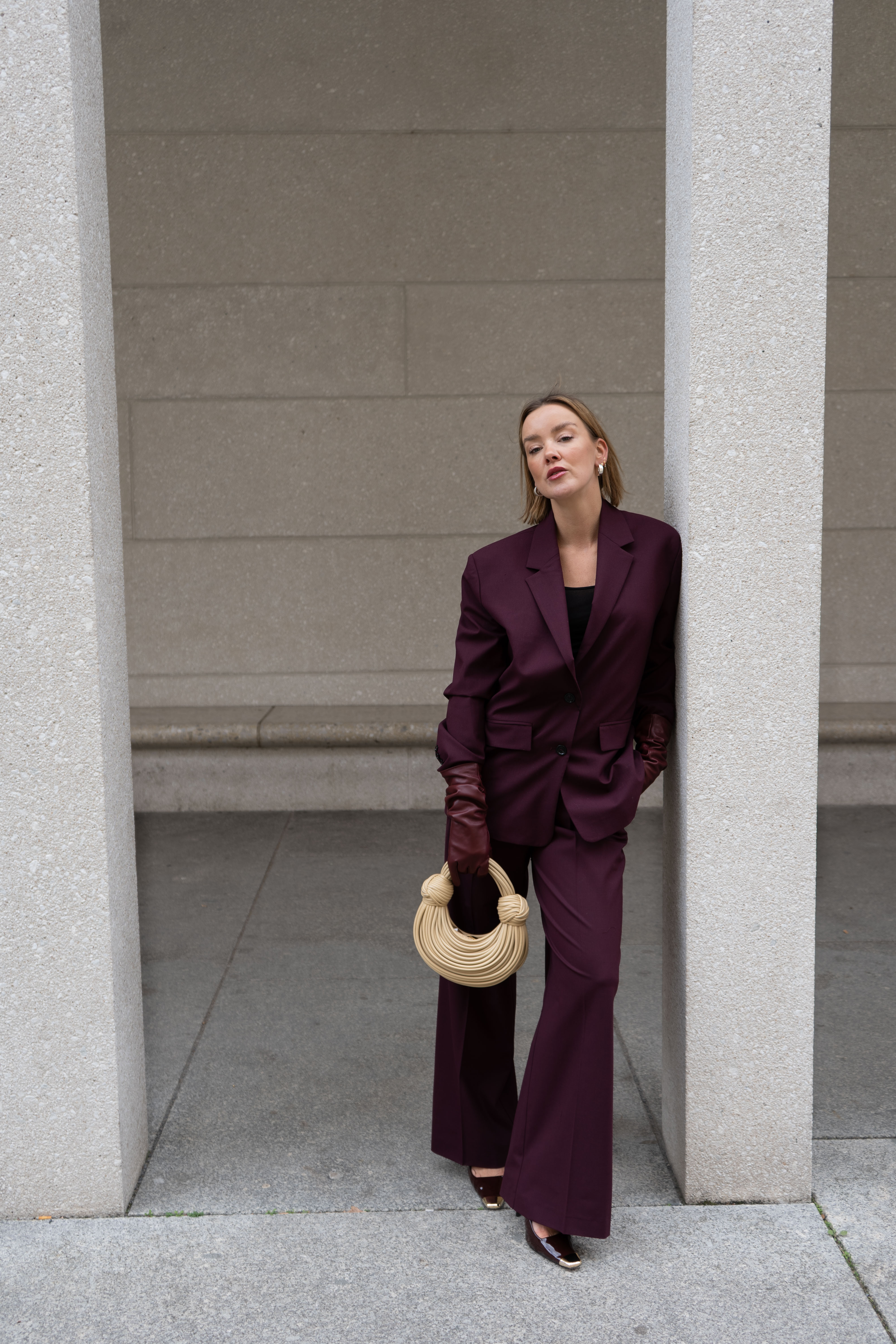 burgundy suit & bottega spaghetti bag  

 #LTKeurope #LTKwinter
