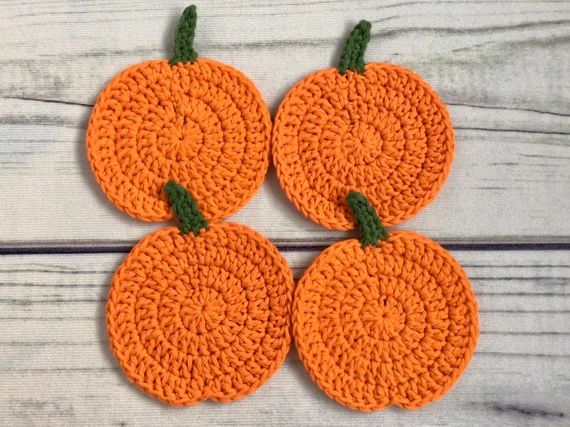 Crochet Pumpkin Coasters Set of Four Fall Farmhouse Decor - Etsy | Etsy (US)