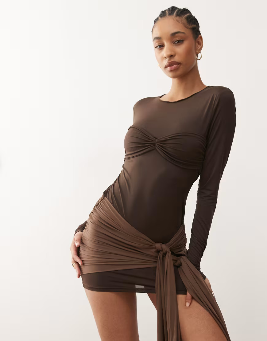 Lioness Midnight slinky long sleeve contrast drape tie skirt detail mini dress in chocolate-Brown | ASOS (Global)
