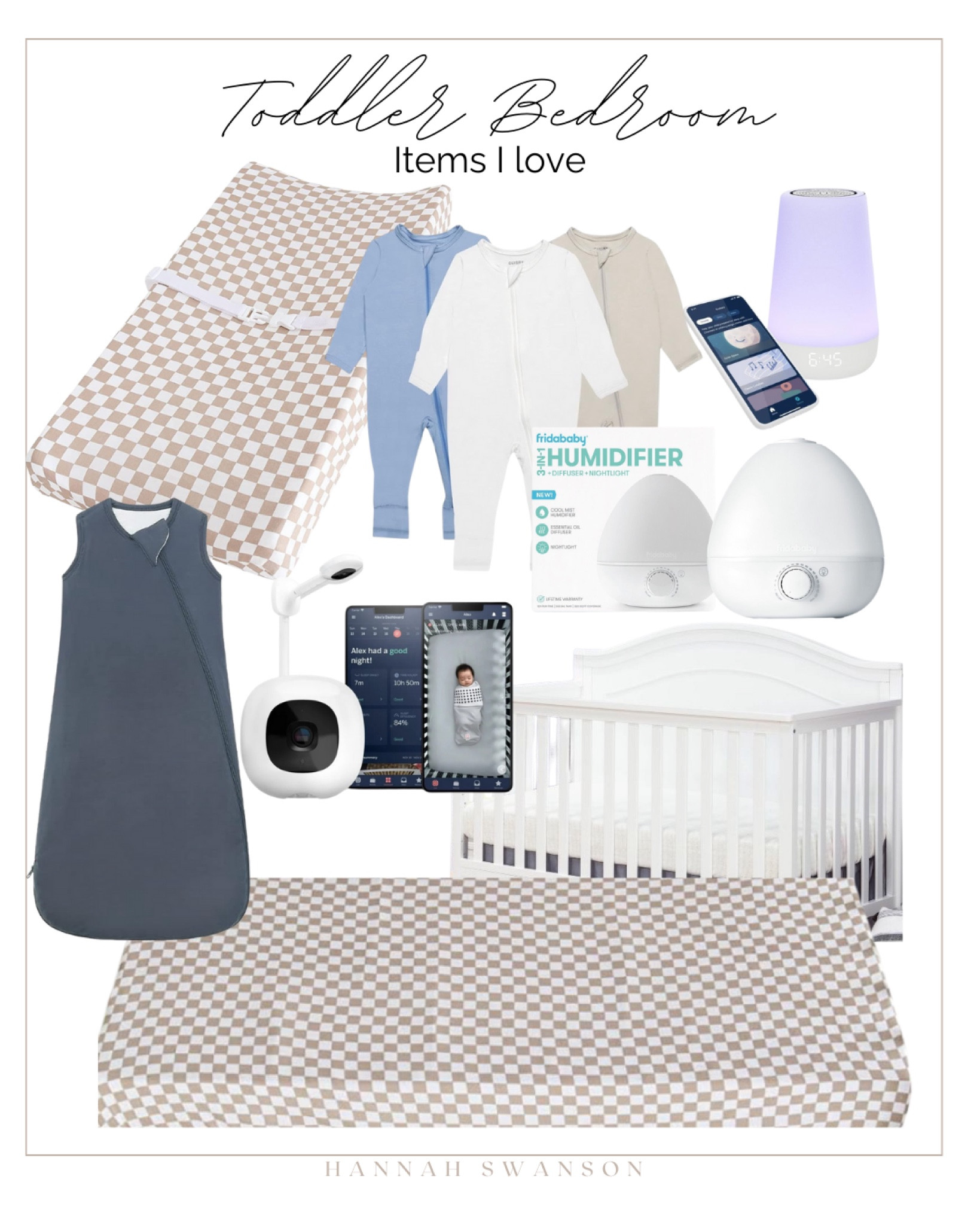 Toddler bedroom items. Baby items.   Humidifier. Baby monitor. Sleep sack. Romper pajamas. Crib. Checkered Changing pad. Checkered Crib sheets. Hatch sound machine. 

#LTKbaby #LTKkids #LTKhome