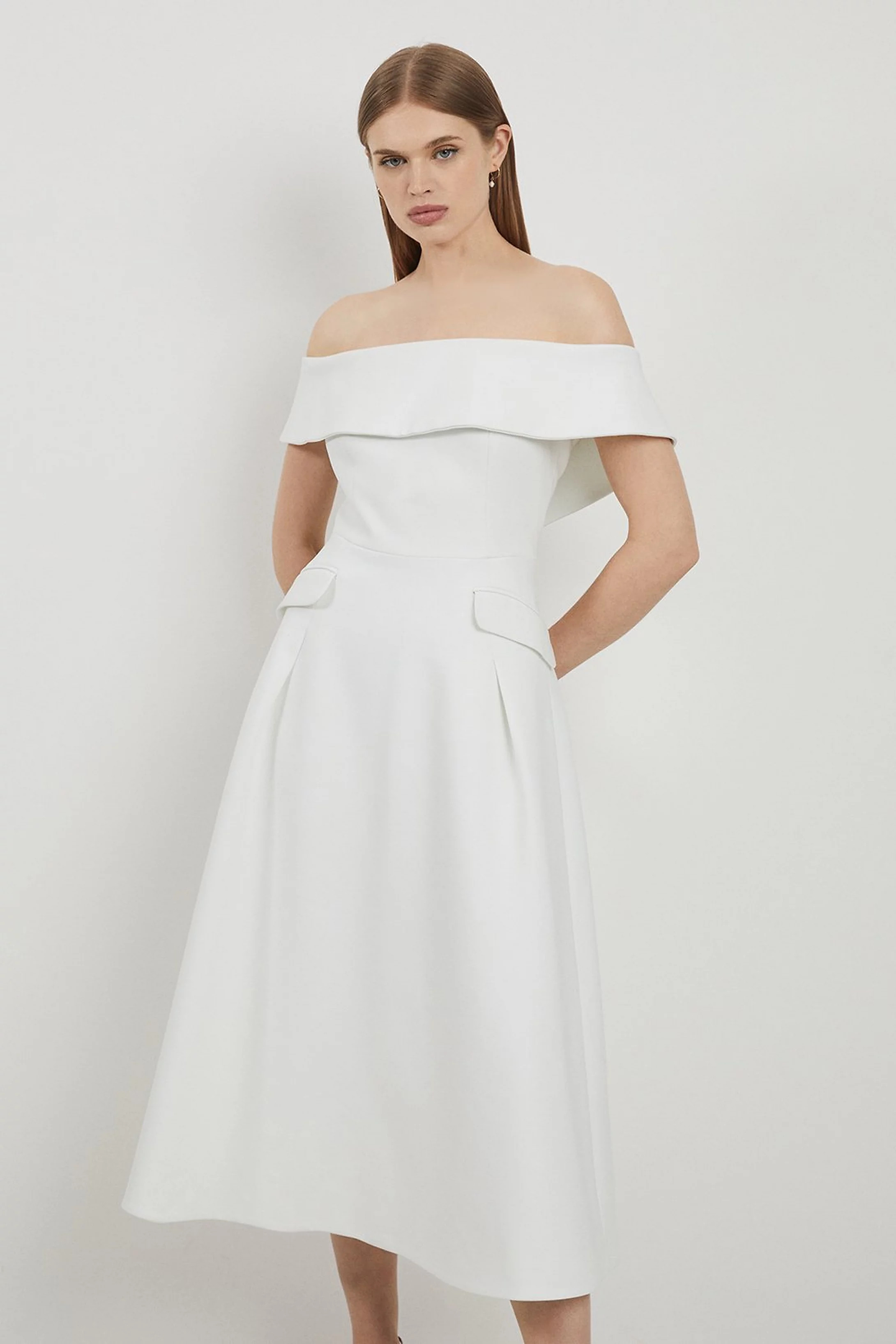 Lydia Millen Compact Stretch Off The Shoulder Full Skirt Tailored Midi Dress | Karen Millen UK + IE + DE + NL