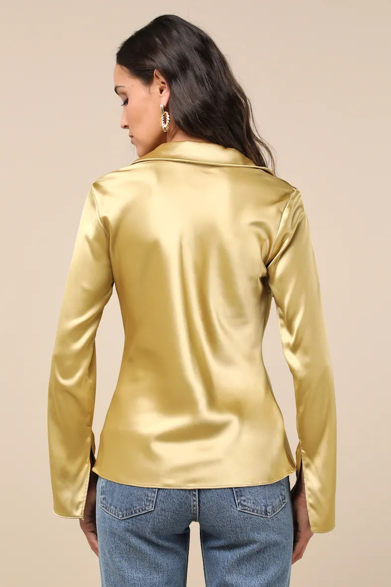 Coveted Aesthetic Gold Tie-Front Long Sleeve Collared Top | Lulus