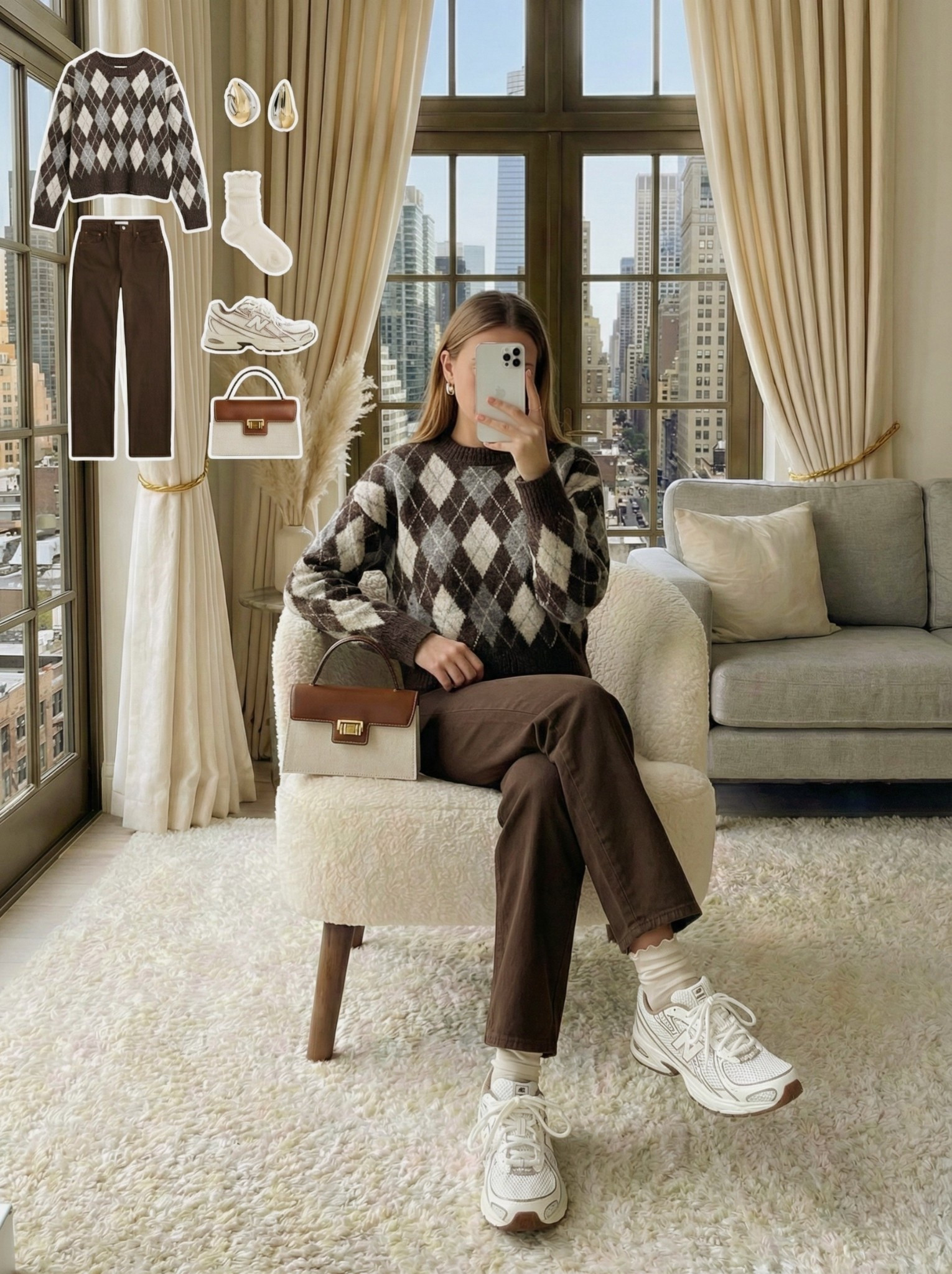 ✨ Cozy Argyle Layers ✨

A soft, casual chocolate and cream palette built around this classic argyle knit. The relaxed fit keeps it effortless while the pattern adds a little retro charm without feeling busy. Paired with straight leg cocoa denim, the look stays grounded and balanced.

Cream socks and white sneakers brighten the outfit and keep it comfortable for all day wear. The structured top handle bag ties the tones together with its mix of warm brown and clean ivory. Simple gold teardrop hoops add a subtle refined touch.

🤎 Style Notes:
• Argyle sweater for a cozy vintage inspired moment
• Straight leg brown denim to anchor the palette
• Cream socks and white sneakers for comfort and contrast
• Two tone structured bag for a polished finish
• Gold hoops for minimal shine

Everything linked and ready to shop ✨

#LTKSeasonal #LTKgrwm #LTKootd