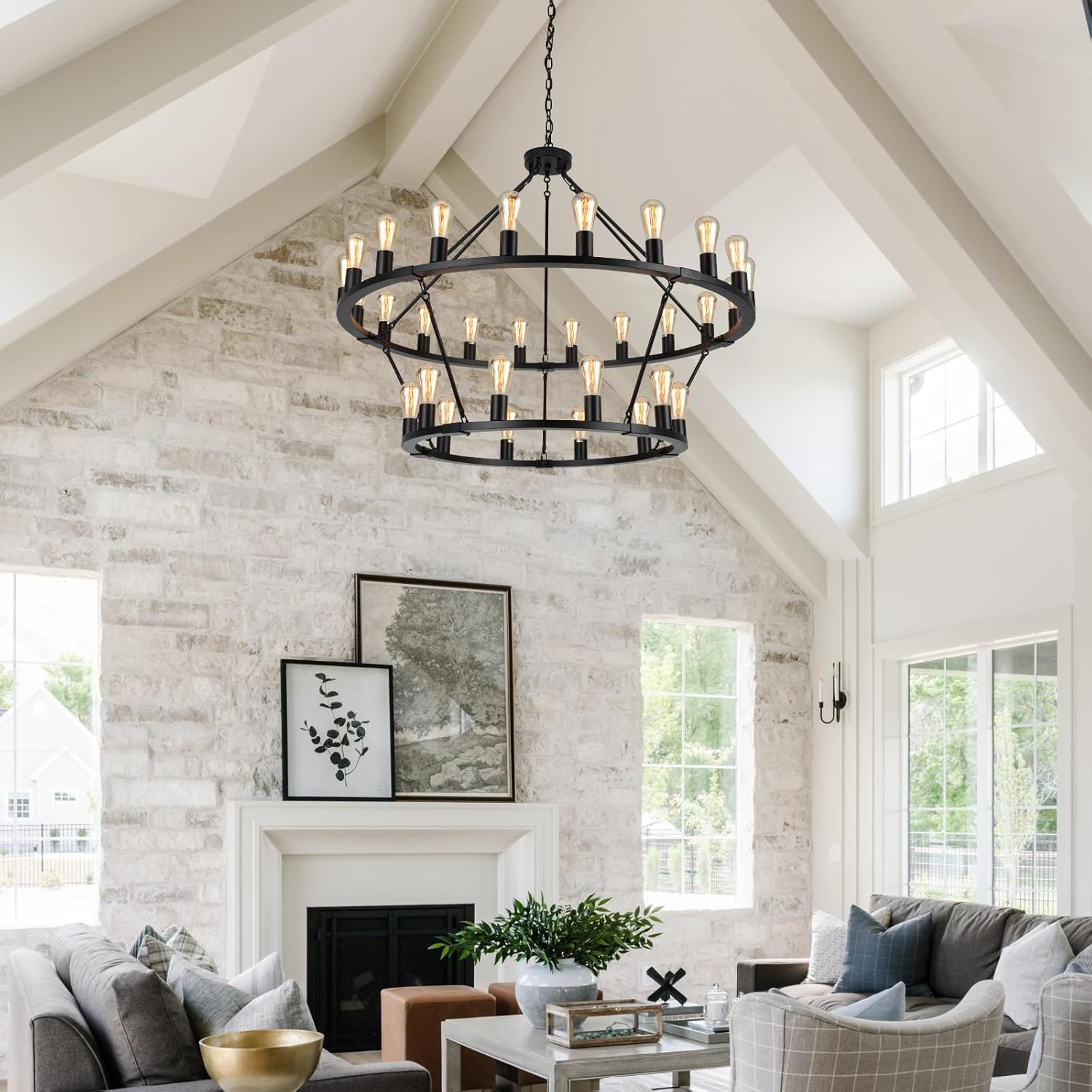 Senyshilon Black Wagon Wheel Chandelier, 2 Tier Farmhouse Chandeliers for Dining Room Light Fixtu... | Amazon (US)