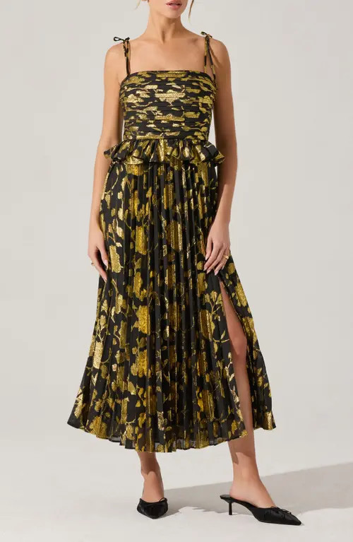 ASTR the Label Emerys Metallic Floral Pleated Midi Dress in Black Gold at Nordstrom, Size Small | Nordstrom