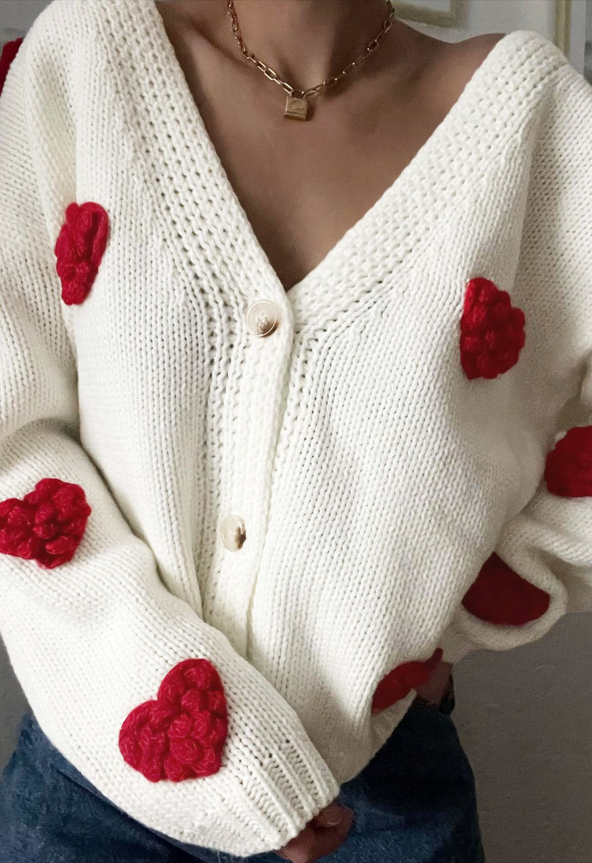 Romantic 3D Heart Knit Cardigan in White | Chicwish