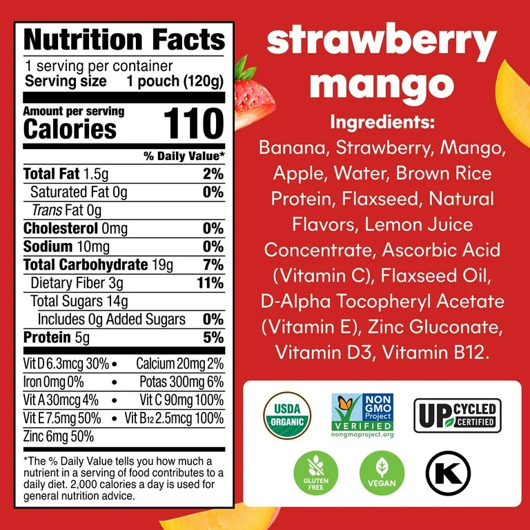 Noka Organic, Non GMO Strawberry Mango Smoothie, 4.22 oz Pouches, (4 Pack) | Walmart (US)