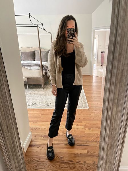 Faux leather pants outfit with Amazon sweater and chunky black loafers! All items run true to size (26 in pants and S in sweater)  

#LTKshoecrush #LTKunder50 #LTKSeasonal