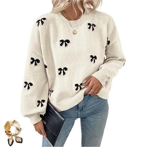 Women's Bow Print Knit Sweater Crewneck Long Sleeve Casual Loose Fall Winter Pullover Tops Beige | Amazon (US)