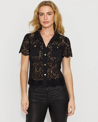 Women's Short-Sleeve Lace Shirt in Black size Large | White House Black Market, Going Out Tops | White House Black Market