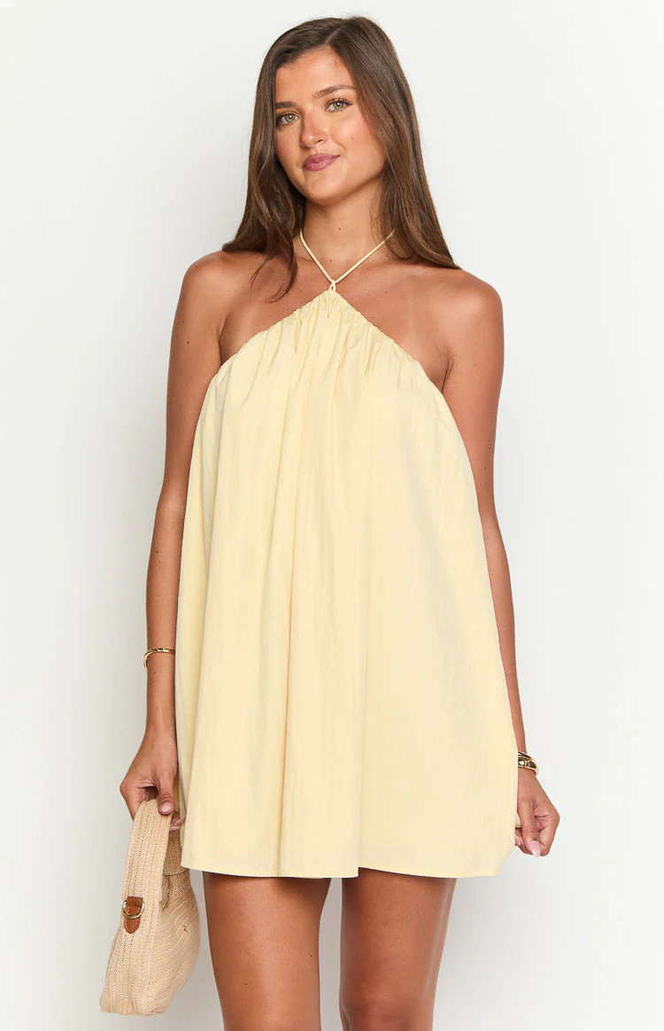 Talei Yellow Halter Puff Mini Dress | Beginning Boutique (US)