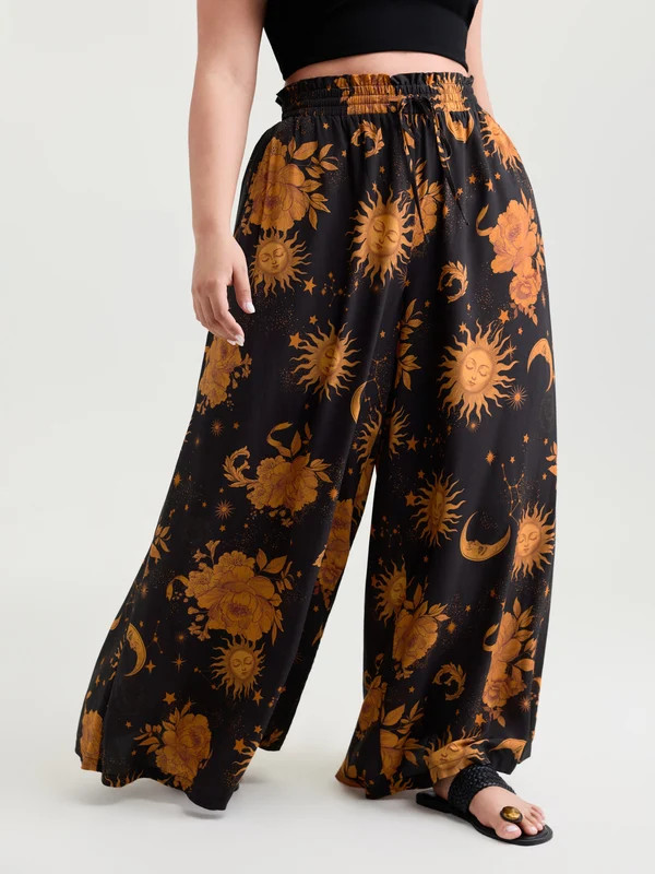 Star Moon Print Wide Waistband Pants | Bloomchic