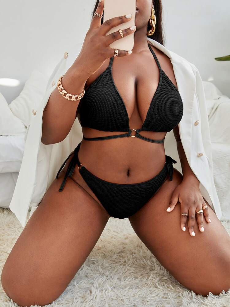 Plus Ring Linked Tie Back Halter Bikini Swimsuit | SHEIN