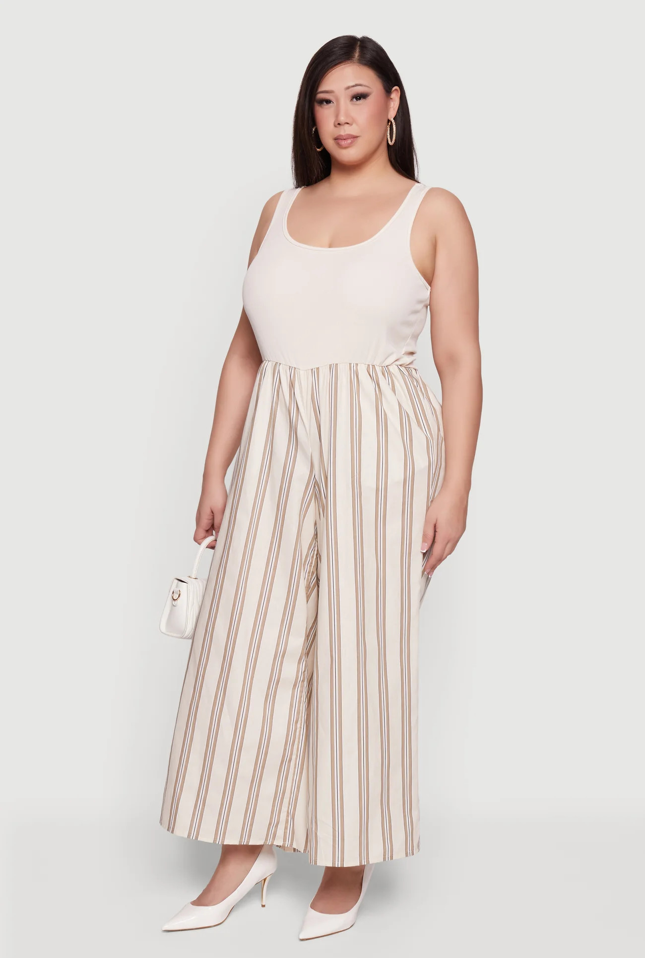 Plus Size Sleeveless Striped Ribbed Knit Jumpsuit | Rainbow Shops