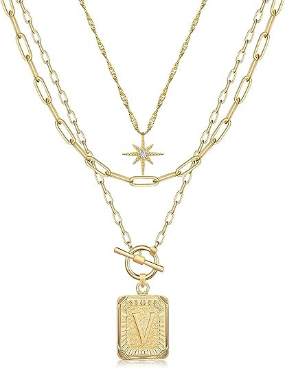 MJartoria Layered Initial Necklaces for Women Trendy, 14K Gold Plated Simple Star Choker Square L... | Amazon (US)