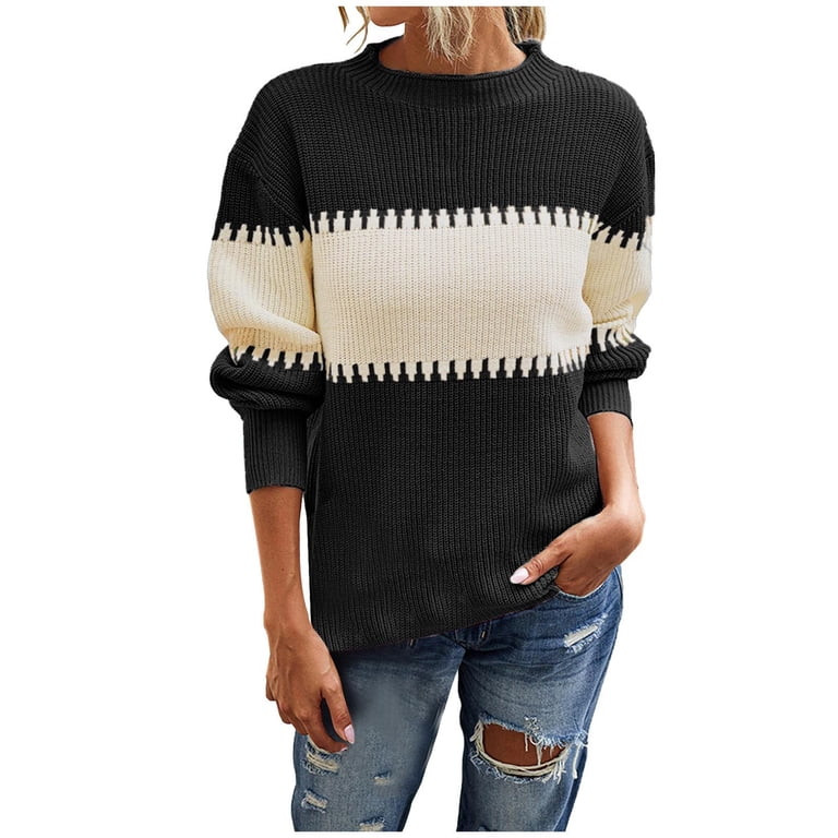 UAMVSH Womens Mid-Length Knitted Sweaters Fashion Color Block Crew Neck Long Sleeve Knitwear Pull... | Walmart (US)